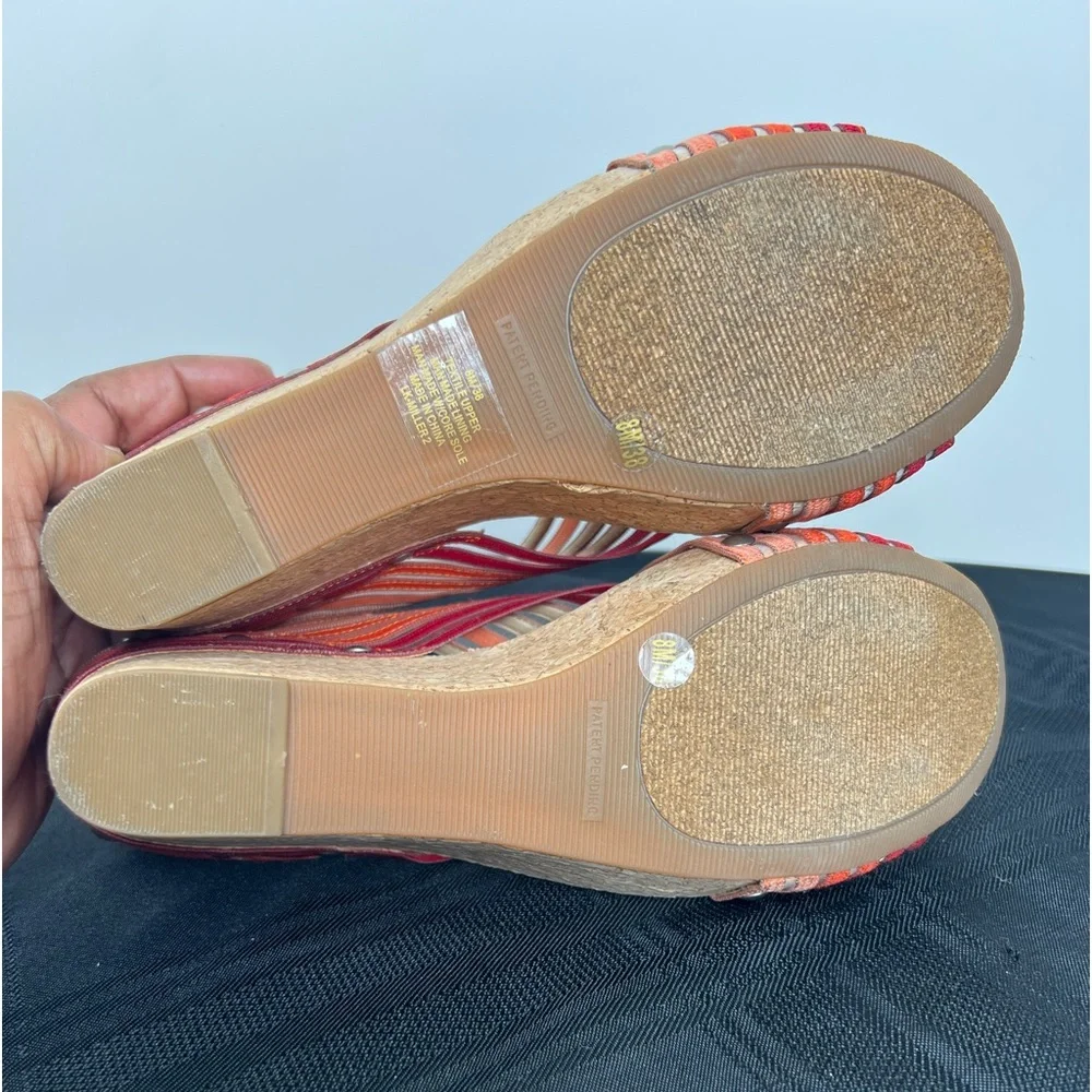 Lucky Brand Wedge Miller Cork Orange/Red Stripe Mesh Sandal 3 3/4 Inch Heel Sz 8